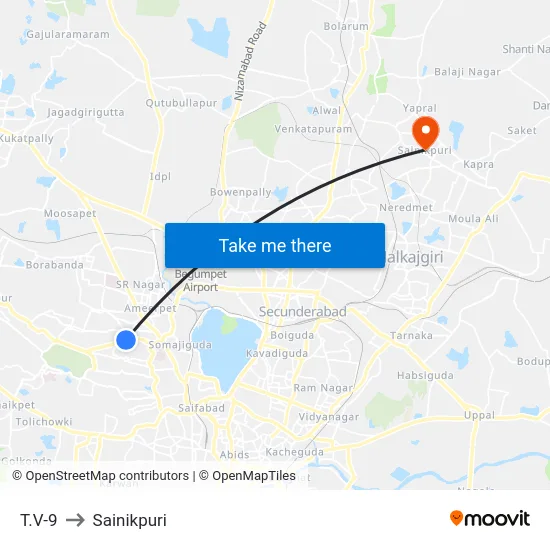 T.V-9 to Sainikpuri map