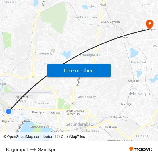Begumpet to Sainikpuri map