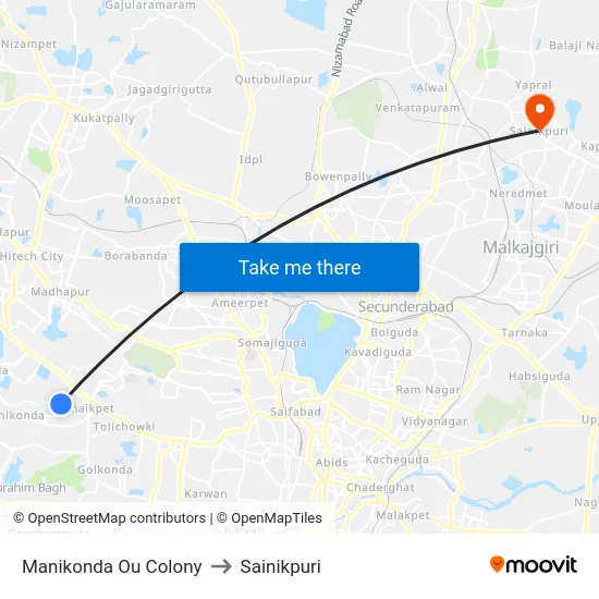 Manikonda Ou Colony to Sainikpuri map
