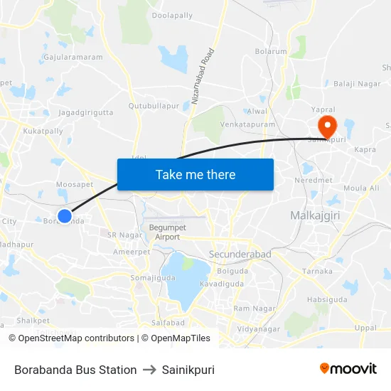 Borabanda Bus Station to Sainikpuri map