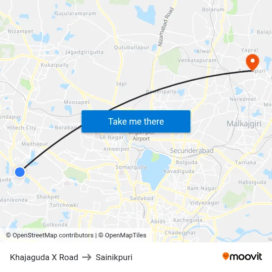 Khajaguda X Road to Sainikpuri map