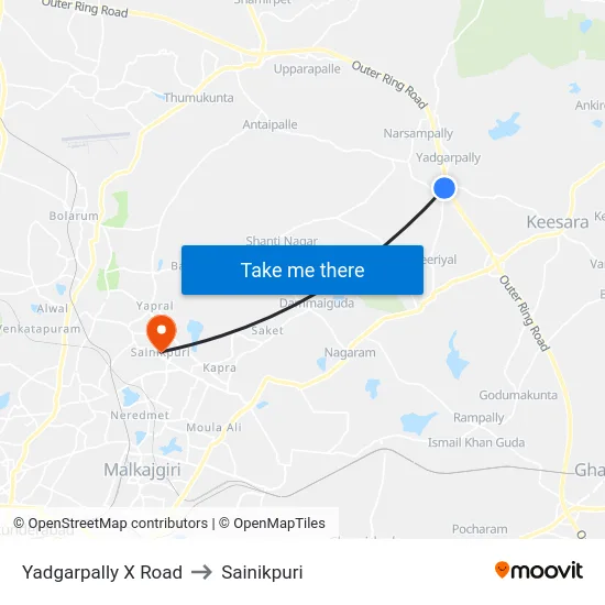 Yadgarpally X Road to Sainikpuri map