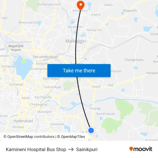 Kamineni Hospital Bus Stop to Sainikpuri map