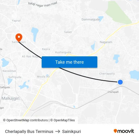 Cherlapally Bus Terminus to Sainikpuri map