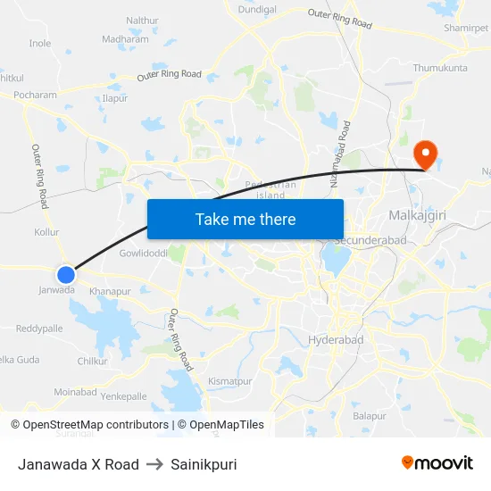 Janawada X Road to Sainikpuri map