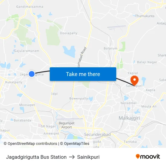 Jagadgirigutta Bus Station to Sainikpuri map