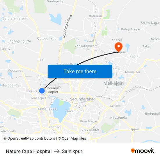 Nature Cure Hospital to Sainikpuri map