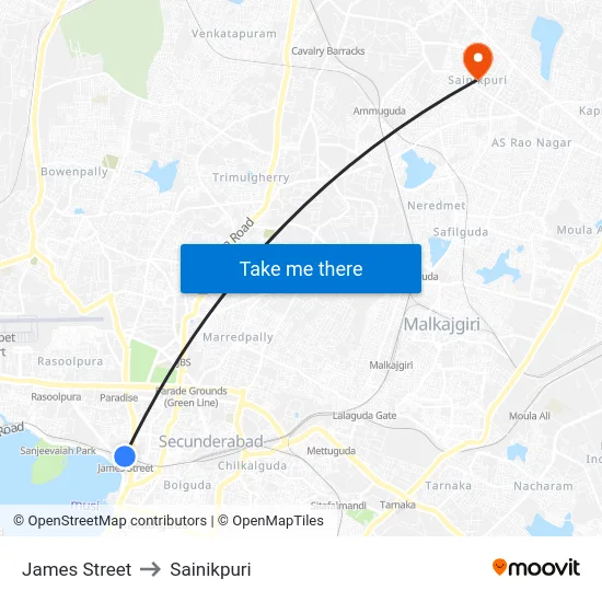 James Street to Sainikpuri map
