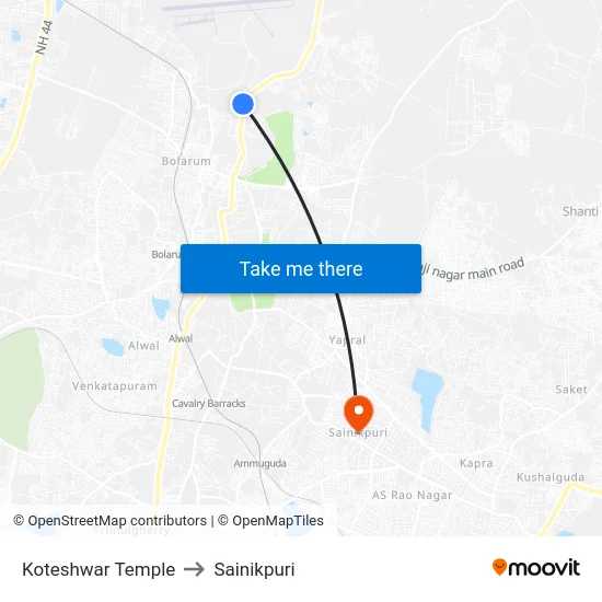 Koteshwar Temple to Sainikpuri map