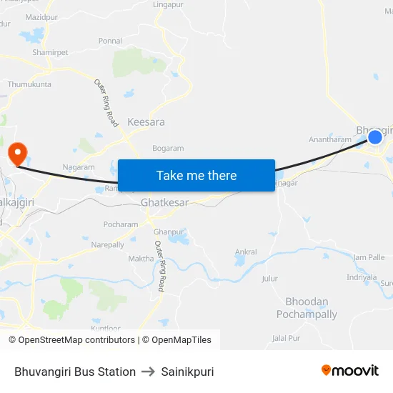 Bhuvangiri Bus Station to Sainikpuri map