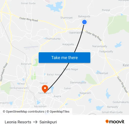 Leonia Resorts to Sainikpuri map