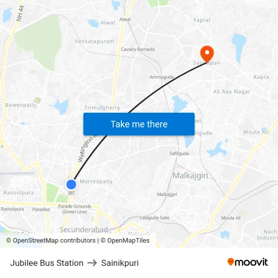Jubilee Bus Station to Sainikpuri map