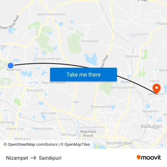 Nizampet to Sainikpuri map