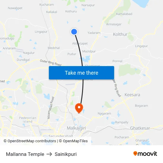 Mallanna Temple to Sainikpuri map