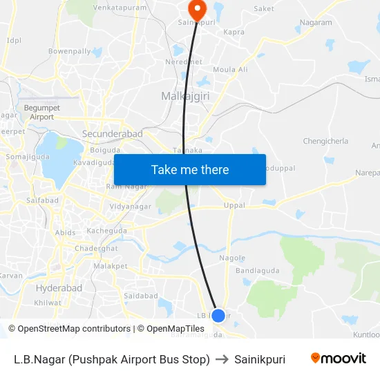 L.B.Nagar (Pushpak Airport Bus Stop) to Sainikpuri map