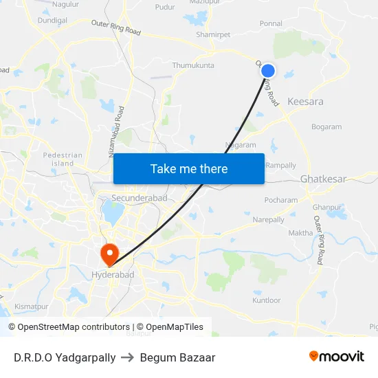 D.R.D.O Yadgarpally to Begum Bazaar map