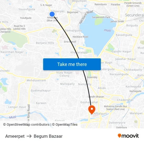Ameerpet to Begum Bazaar map