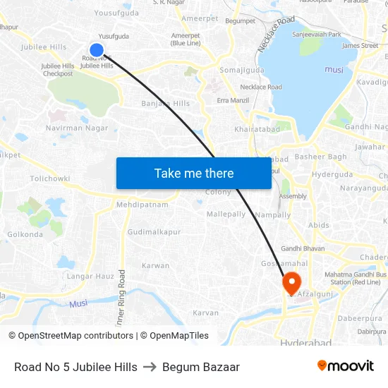 Road No 5 Jubilee Hills to Begum Bazaar map