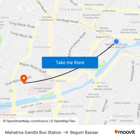 Mahatma Gandhi Bus Station to Begum Bazaar map