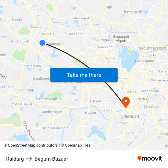 Raidurg to Begum Bazaar map
