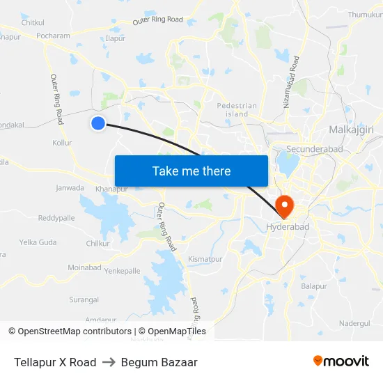 Tellapur X Road to Begum Bazaar map