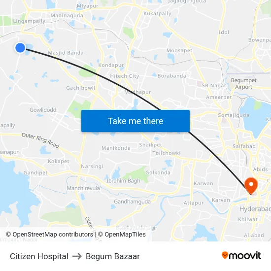 Citizen Hospital to Begum Bazaar map