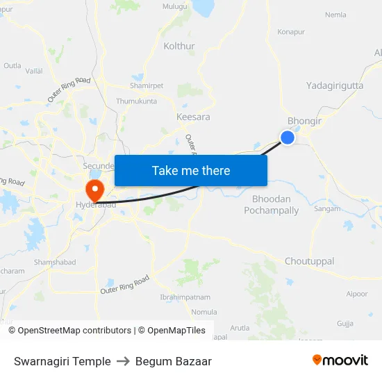 Swarnagiri Temple to Begum Bazaar map