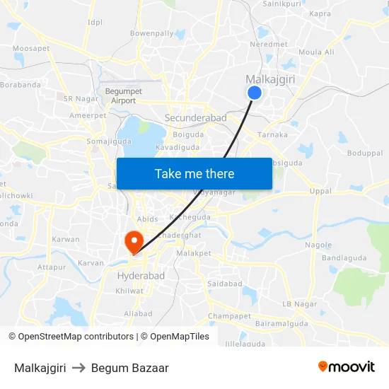 Malkajgiri to Begum Bazaar map
