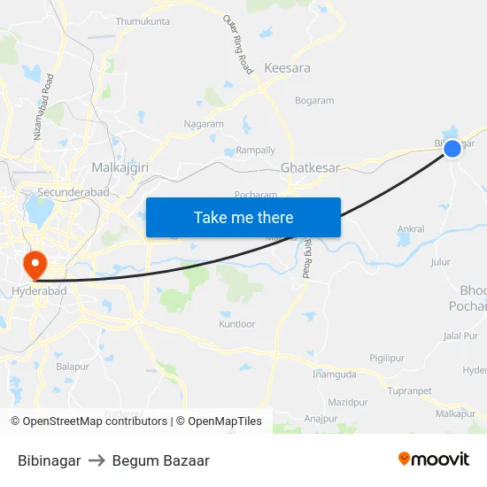 Bibinagar to Begum Bazaar map
