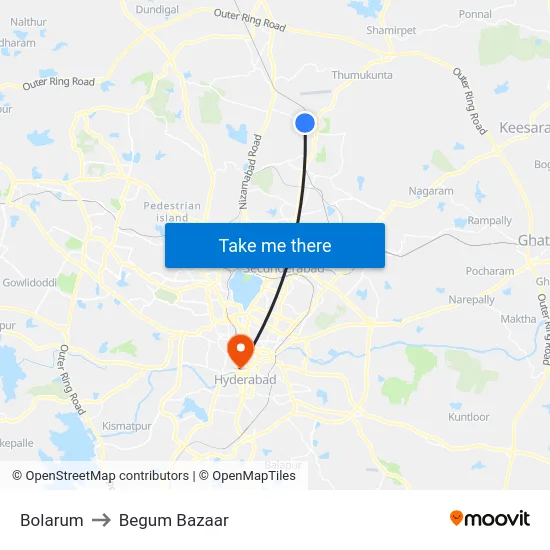 Bolarum to Begum Bazaar map