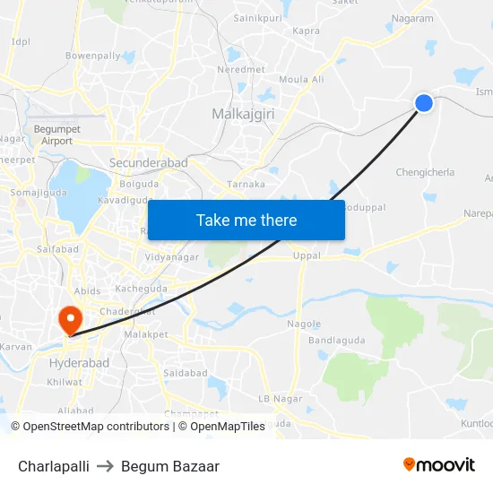 Charlapalli to Begum Bazaar map