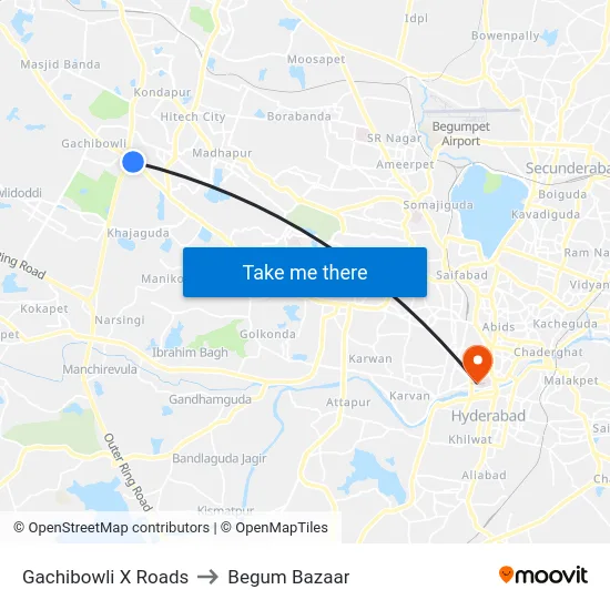 Gachibowli X Roads to Begum Bazaar map