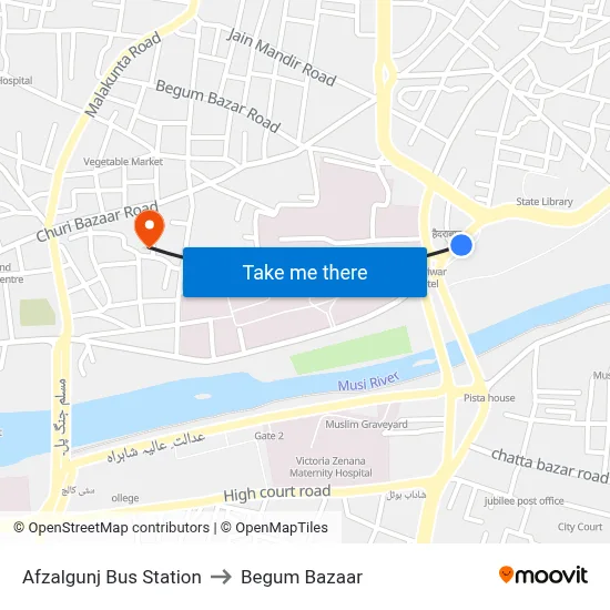 Afzalgunj Bus Station to Begum Bazaar map