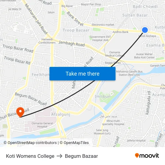 Koti Womens College to Begum Bazaar map