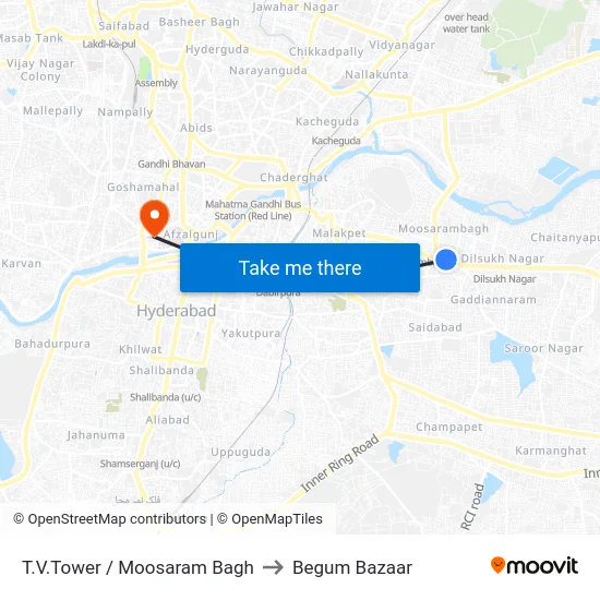 T.V.Tower / Moosaram Bagh to Begum Bazaar map
