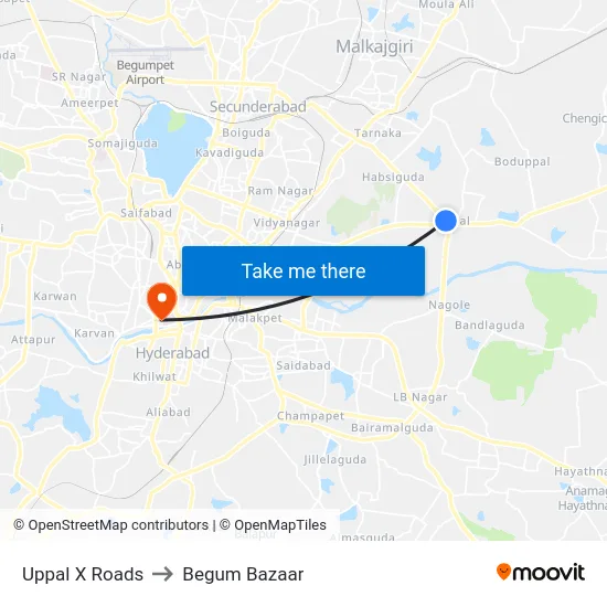 Uppal X Roads to Begum Bazaar map