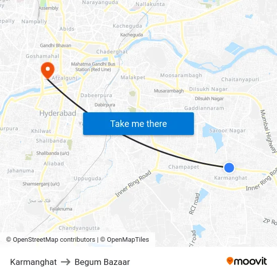 Karmanghat to Begum Bazaar map