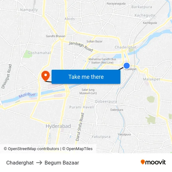Chaderghat to Begum Bazaar map