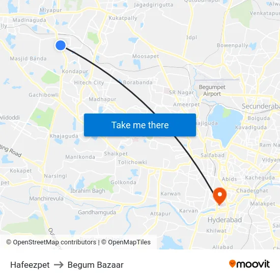 Hafeezpet to Begum Bazaar map