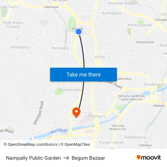 Nampally Public Garden to Begum Bazaar map