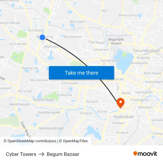 Cyber Towers to Begum Bazaar map