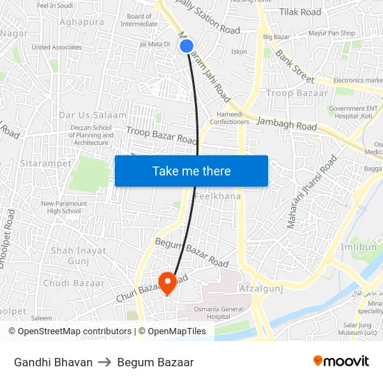 Gandhi Bhavan to Begum Bazaar map