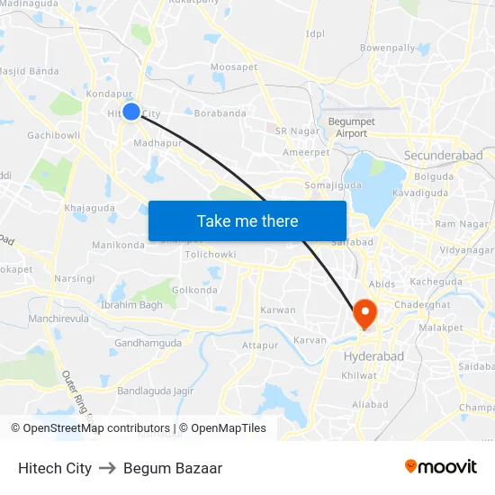 Hitech City to Begum Bazaar map