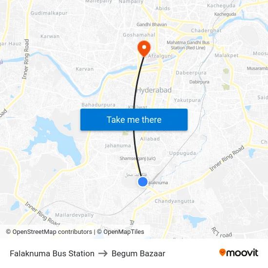 Falaknuma Bus Station to Begum Bazaar map