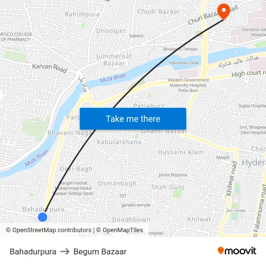 Bahadurpura to Begum Bazaar map