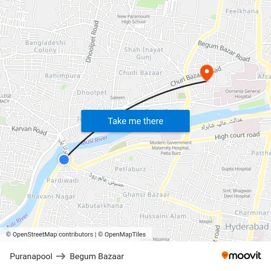 Puranapool to Begum Bazaar map