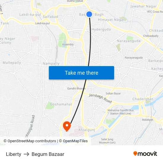 Liberty to Begum Bazaar map