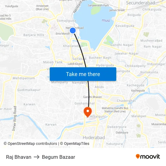 Raj Bhavan to Begum Bazaar map