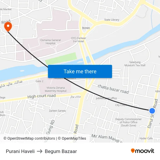 Purani Haveli to Begum Bazaar map