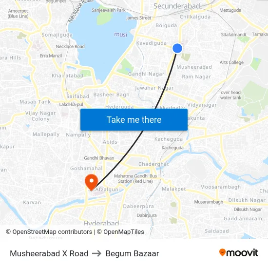 Musheerabad X Road to Begum Bazaar map